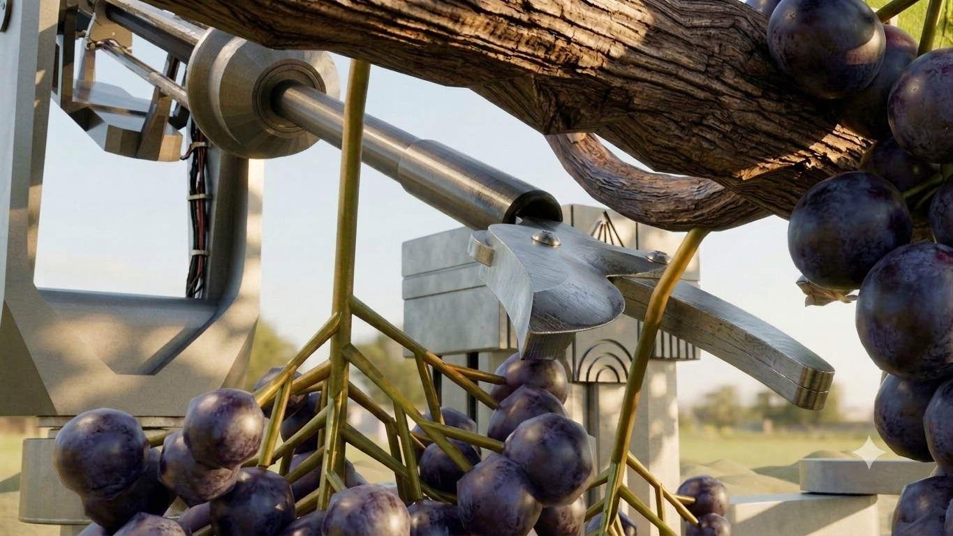 HARVIER cutting mechanism close to a grape bunch on the vine