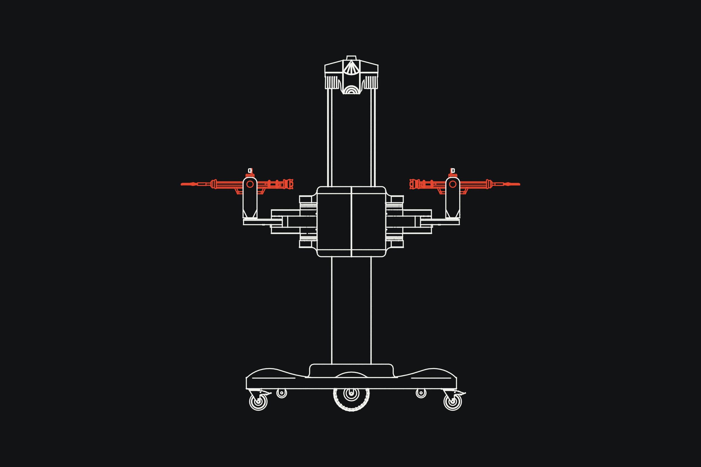 Side-view technical drawing of HARVIX, end-effectors highlighted in red