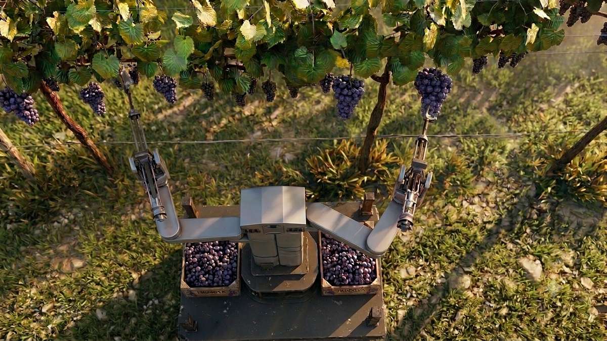Top-down view of Harvier harvesting grapes into collection bins