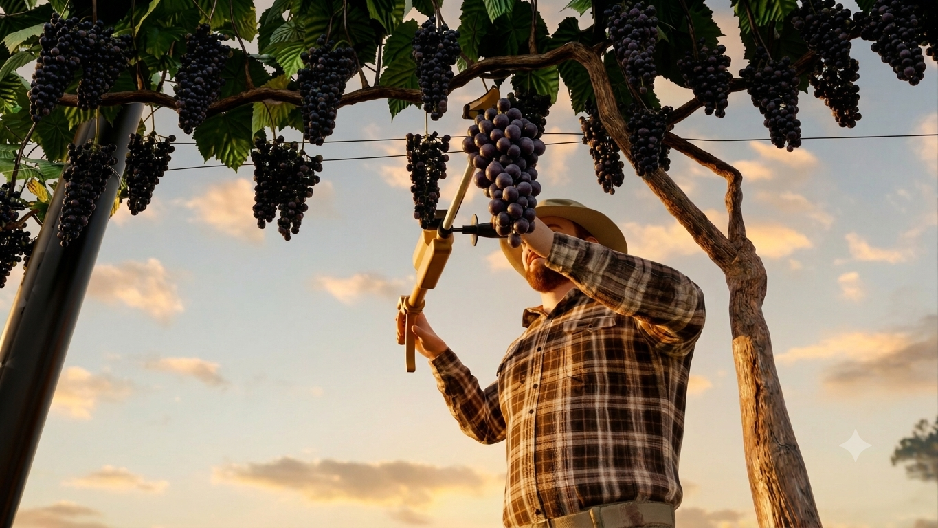 A harvester reaching up to cut grapes with HARPOON at sunset