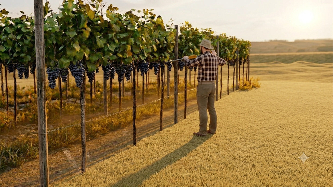 A harvester with HARPOON working a vineyard row