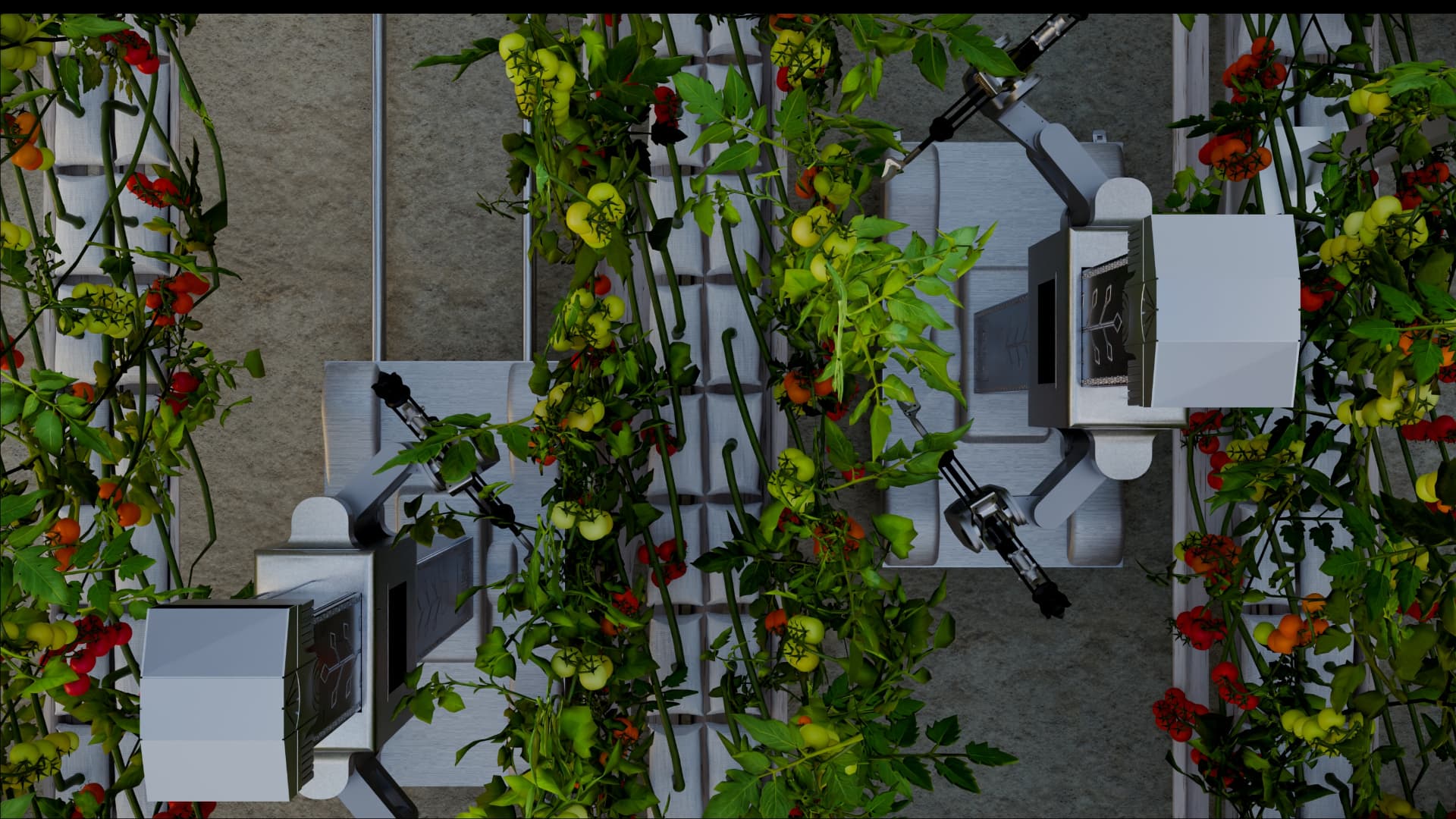 HARVIX concept render — two robots seen from above