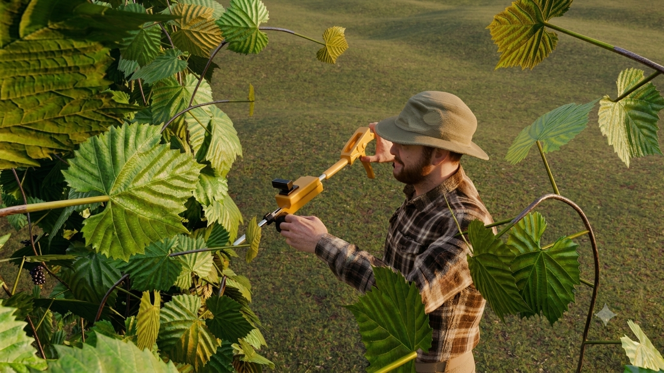 A harvester working through the vines with the HARPOON instrument