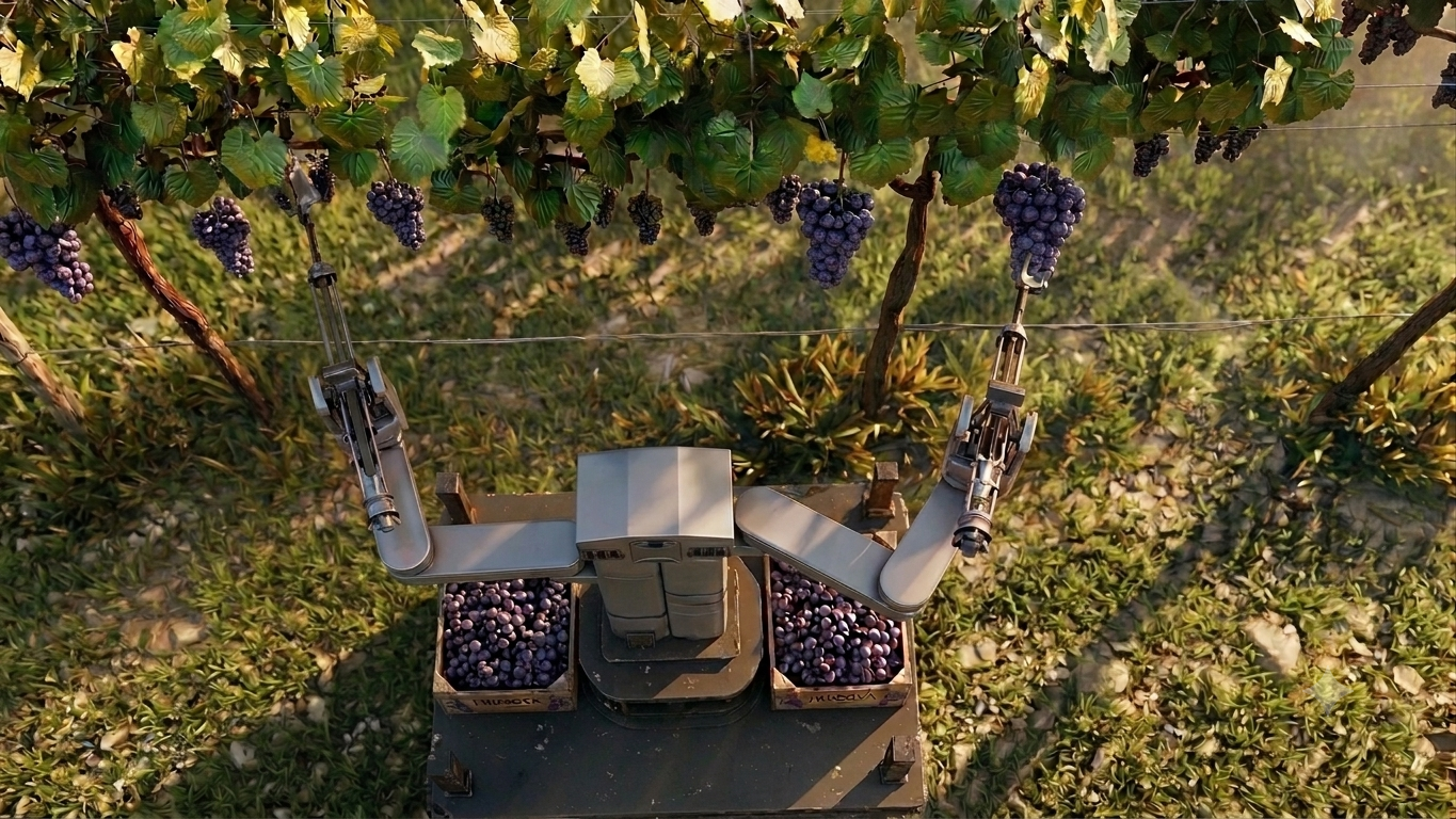 HARVIER seen from above, harvesting grapes with two crates loaded