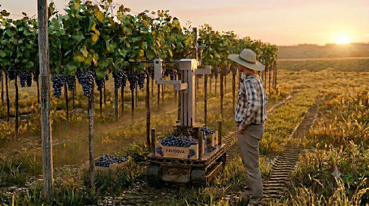 Harvier robot working in a vineyard at golden hour