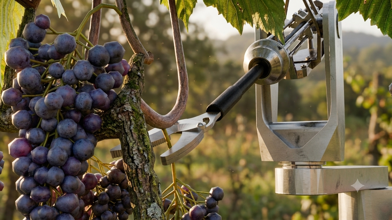 HARVIER cutting head approaching a grape peduncle in the vineyard